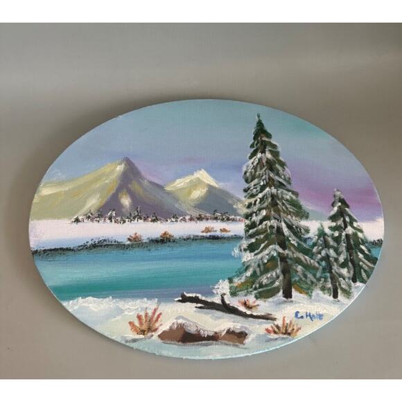 Vintage Original Painting Winter Scene Landscape Oval Unframed 14x11 Snow, Lake - Picture 1 of 6